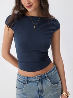 Cider - Cotton Blend Women Boat Neck Puff Sleeve Crop Top Navy Blue