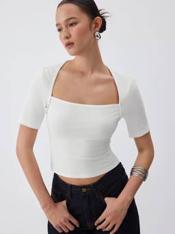 Cider - Cotton Blend Women’s Square Neck Scallop Trim Tee White