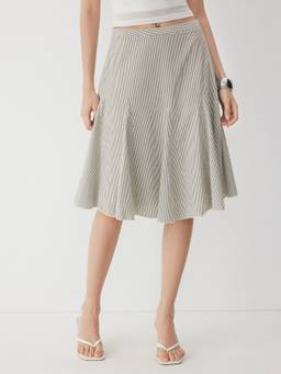 Cider - Cotton-Blend Women Pleated Striped A-Line Midi Skirt Light Grey