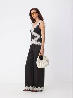 Cider - Satin Women's V-Neck Lace Trim Wrap Pant Set Black