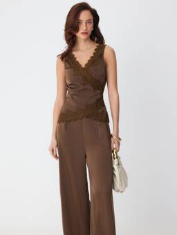 Cider - Satin Lace Trim Women’s V-Neck Wrap Pant Set Brown