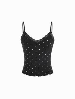Cider - Textured Women Lace Trim V-Neck Cami Top Black