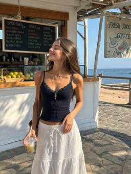 Cider - Textured Women's Lace Trim V-Neck Cami Top Dark Navy