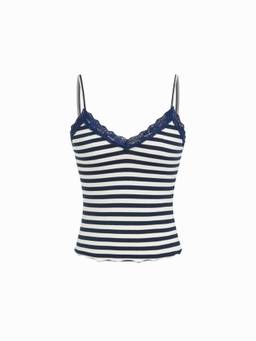 Cider - Textured Women’s Striped V-Neck Lace Trim Cami Top White & Blue
