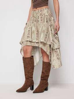 Cider - Floral Ruffled Women's Asymmetrical Hem Flared Midi Skirt Khaki
