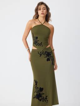Cider - Mesh Floral Applique Women’s Halter Neck Skirt Set Green