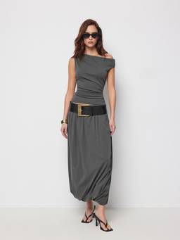 Cider - Cotton Blend Women Asymmetrical Off Shoulder Skirt Set Charcoal