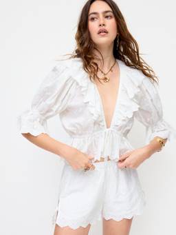 Cider - Cotton Women's Ruffled V-Neck Lantern Sleeve Blouse White