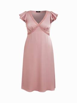 Cider - Satin Women's V-Neck Ruffle Sleeve Lace Panel Midi Dress Red