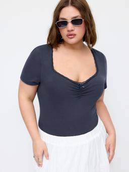 Cider - Cotton Blend Women Lace Trim Ruched Square Neck Bodysuit Navy Blue