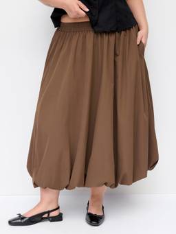 Cider - Ruched Bubble Hem Women Mid-Rise Oversized Midi Skirt Brown