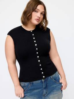 Cider - Curve & Plus Women Button Front Round Neck Tank Top Black