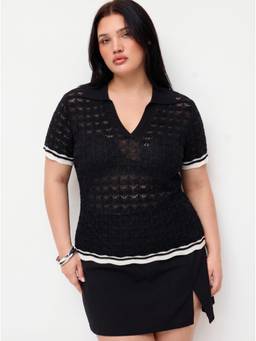 Cider - Knit Collar Women’s Hollow Out V-Neck Top Black