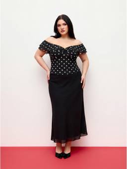 Cider - Mesh Polka Dot Women’s Off-Shoulder Ruffled Skirt Set Black