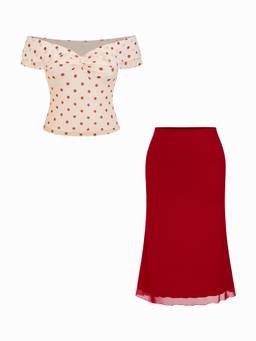 Cider - Mesh Polka Dot Women's Off-Shoulder Ruffled Skirt Set Red