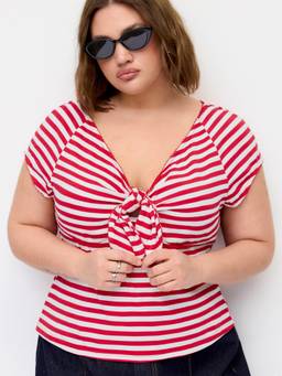 Cider - Stripe Twist Women's Tie-Front V-Neck T-Shirt White & Red