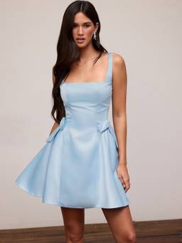 Cider - Satin Sculptural Women Bow Detail Square Neck Mini Dress Blue