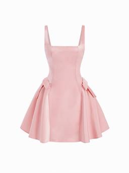 Cider - Satin Sculptural Women Square Neck Bow Flared Mini Dress Pink