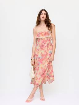 Cider - Chiffon Abstract Women's Lace Trim Square Neck Maxi Dress Pink