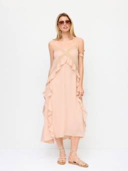 Cider - Chiffon Lace Trim Women Ruffled V-Neck Maxi Dress Peach