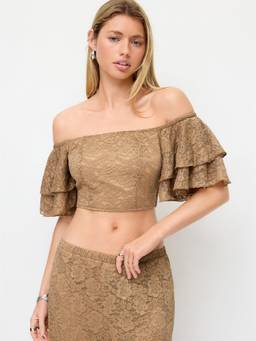 Cider - Lace Women's Off-Shoulder Ruffled Sleeve Crop Top Tan