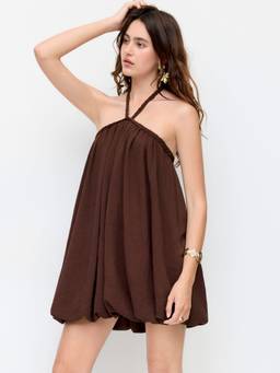 Cider - Women's Halter Neck Bubble Mini Dress Coffee