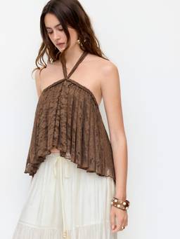 Cider - Lace Women's Halter Neck Draped Crop Top Mocha