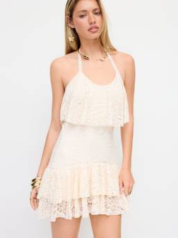 Cider - Lace Women's Halter Ruffled A-Line Mini Dress Beige