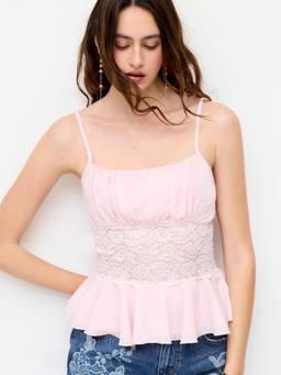 Cider - Chiffon Women's Lace Panel Square Neck Peplum Cami Top Pink
