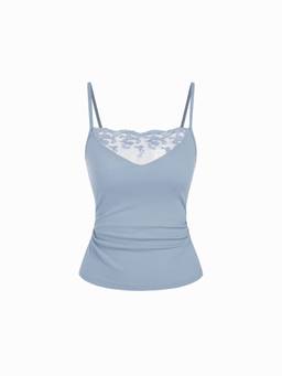 Cider - Textured Lace Panel Women’s Ruched Square Neck Cami Top Blue