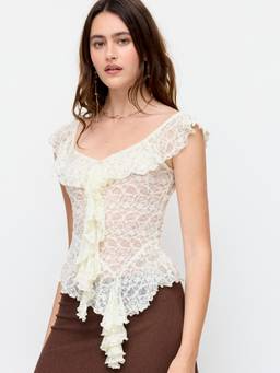 Cider - Lace Women's Sweetheart Neck Ruffled Asymmetrical Blouse Cream