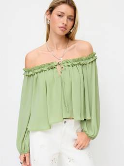 Cider - Chiffon Women's Off-Shoulder Ruffled Puff Sleeve Blouse Light Green