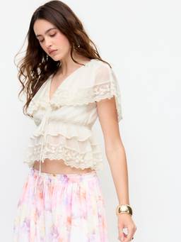 Cider - Chiffon Women's Ruffled Lace Trim Tie-Up Crop Top Cream