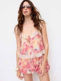 Cider - Abstract Women's Lace Trim V-Neck Cami Blouse Pink