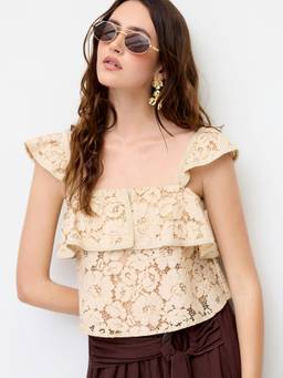 Cider - Cotton Blend Women Lace Square Neck Ruffled Crop Top Beige