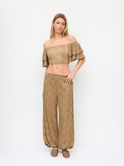 Cider - Lace Floral Women’s Mid-Rise Elastic Waist Balloon Trousers Camel