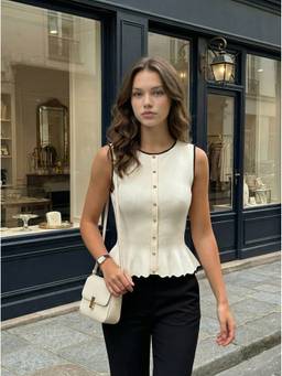 Cider - Knit Women's Boat Neck Ruffled Hem Vest Black & Beige