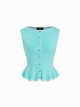 Cider - Knit Women's Sleeveless Boat Neck Ruffled Hem Vest Blue