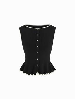 Cider - Knit Women's Sleeveless Ruffled Hem Button Vest Black