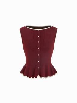 Cider - Knit Women's Sleeveless Boat Neck Ruffled Hem Vest Wine