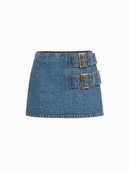 Cider - Washed Women's Low-Rise Buckle Detail Pencil Mini Skirt Indigo