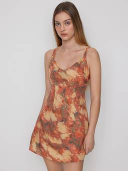 Cider - Abstract Floral Women's Backless Cowl Neck A-Line Mini Dress Orange