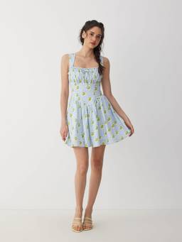 Cider - Striped Fruit Graphic Women's Square Neck Ruffled A-Line Mini Dress Blue