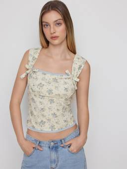 Cider - Floral Women's Square Neck Tie-Back Tank Top Cream