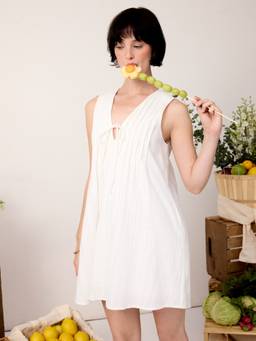 Cider - Textured Women's V-Neck Tie-Up Mini Dress White