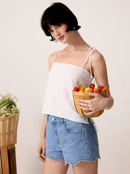 Cider - Textured Embroidered Women Tie-Up Crop Top White