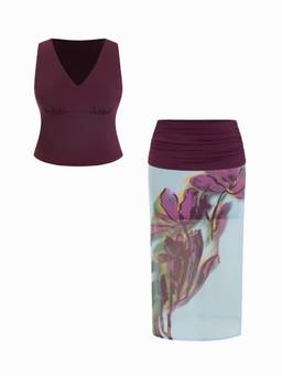 Cider - Mesh Women's V-Neck Ruched Floral Skirt Set Purple