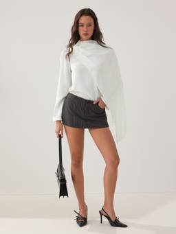 Cider - Satin Women's High Neck Draped Long Sleeve Blouse White