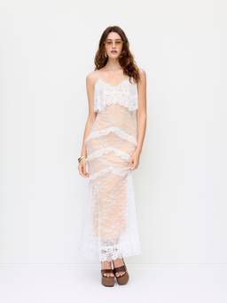 Cider - Lace Ruffle Women's Slim Mermaid Maxi Dress White