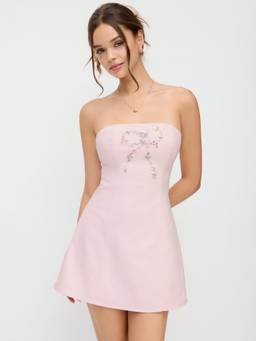 Cider - Linen Blend Women's Floral Embroidered Lace-Up Flared Mini Dress Pink